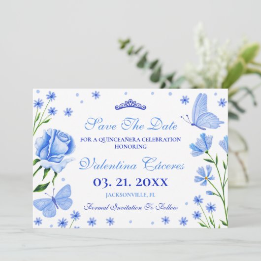 Baby Blue Quinceañera 15e Verjaardagsfeest Opslaan Save The Date (Staand voorkant)