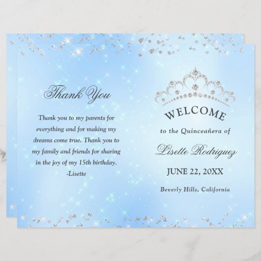 Baby Blue Quinceanera-programma (Voorkant / Achterkant)