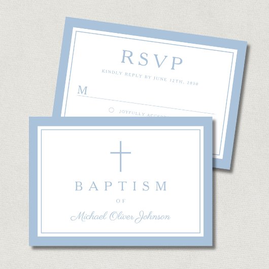 Baby Blue Religious Cross Boy Baptism  RSVP Kaartje