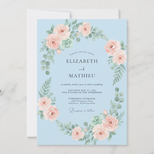 Baby Blue Romantische Bloemige Bruiloft Kaart (Voorkant)