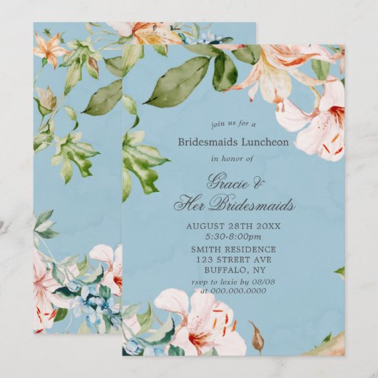 Baby Blue Roze Lily Bridesmaids Luncheon Invites (Voorkant / Achterkant)