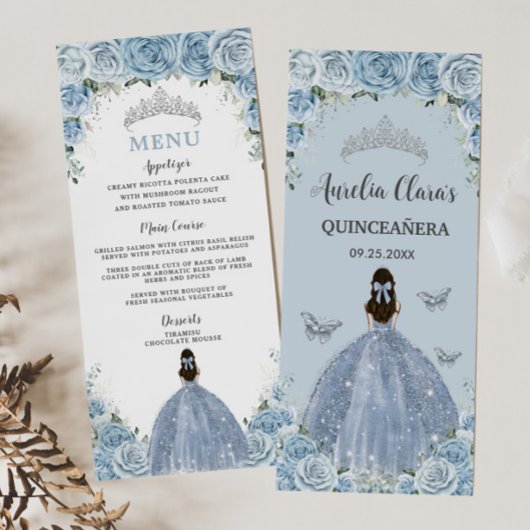 Baby Blue Rozen Floral Princess Quinceañera Menu