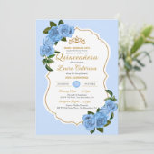 Baby Blue Rozen White en Gold Elegant Quinceanera Kaart (Staand voorkant)