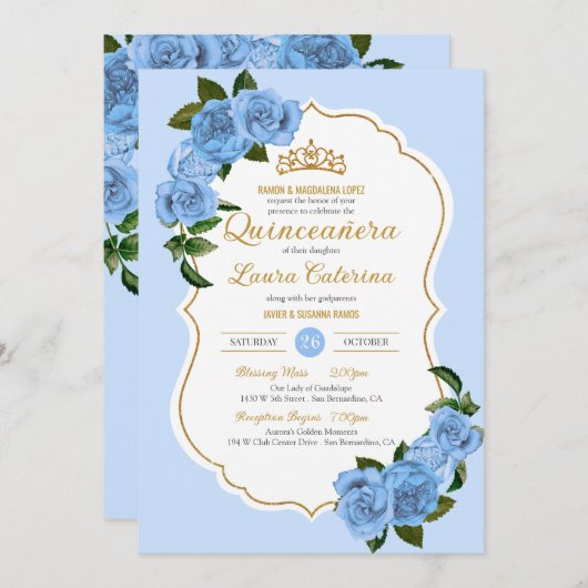Baby Blue Rozen White en Gold Elegant Quinceanera Kaart (Voorkant / Achterkant)