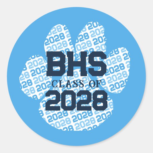 Baby Blue School Initiaal Jaar Afstuderen Pawprint Ronde Sticker