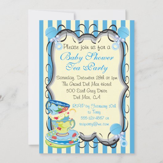 Baby Blue Shower Victoriaans Tea Party Uitnodiging (Voorkant)