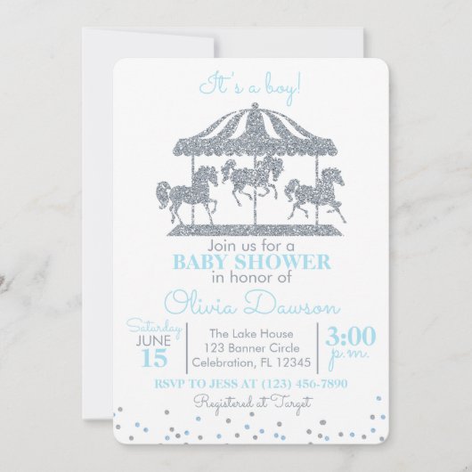 Baby Blue & Silver Carousel Boy Baby shower Kaart (Voorkant)