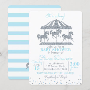 Baby Blue & Silver Carousel Boy Baby shower Kaart