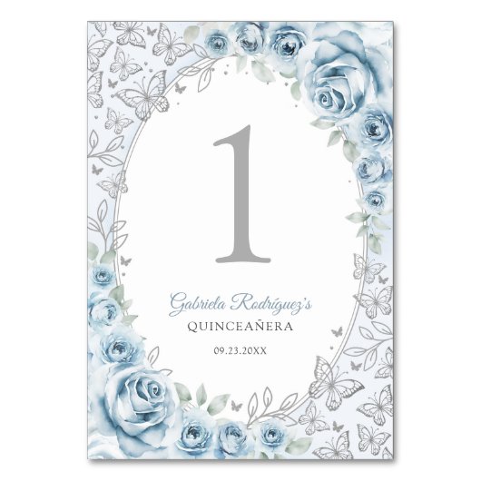 Baby Blue Silver Floral Quinceanera Kaart (Voorkant)