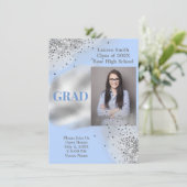 Baby Blue Silver Glitter Photo Afstuderen Kaart (Staand voorkant)