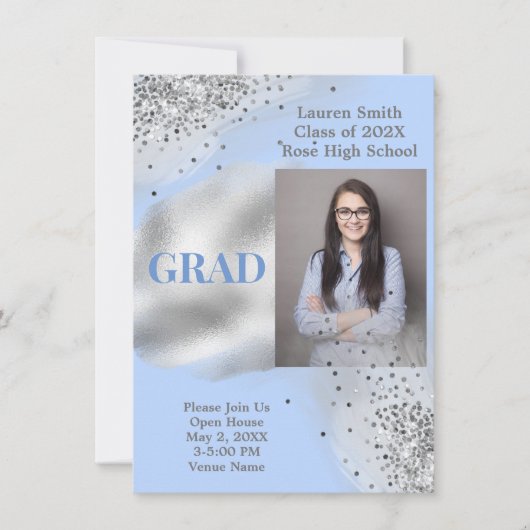 Baby Blue Silver Glitter Photo Afstuderen Kaart (Voorkant)