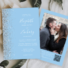 Baby Blue Silver Glitter Photo QR Code Wedding Kaart