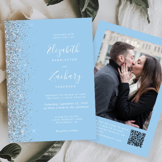 Baby Blue Silver Glitter Photo QR Code Wedding Kaart