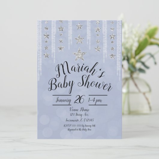 Baby Blue & Silver Glitter Stars Baby shower Kaart (Staand voorkant)