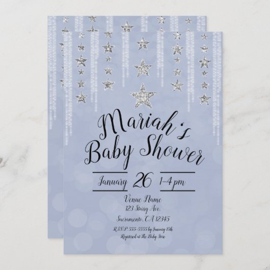 Baby Blue & Silver Glitter Stars Baby shower Kaart (Voorkant / Achterkant)