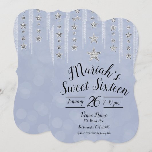 Baby Blue & Silver Glitter Stars Sweet 16 Party Kaart (Voorkant / Achterkant)