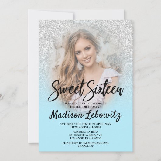 Baby Blue & Silver Glitter Sweet 16 Foto Uitnodigi Kaart (Voorkant)