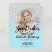 Baby Blue & Silver Glitter Sweet 16 Foto Uitnodigi Kaart (Voorkant / Achterkant)