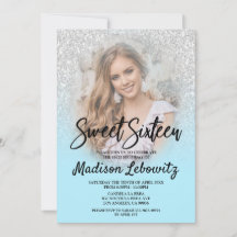 Baby Blue & Silver Glitter Sweet 16 Foto Uitnodigi
