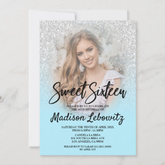 Baby Blue & Silver Glitter Sweet 16 Foto Uitnodigi Kaart