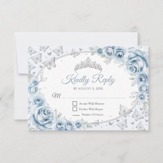 Baby Blue Silver Quinceanera Reply RSVP Kaartje (Voorkant)