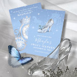 Baby Blue Silver Shoe Cinderella Sweet 16 Birthday Save The Date<br><div class="desc">Op zoek naar Cinderella thema verjaardagsfeestjes ideeën? Creëer je eigen magische, elegante bewaar de data op een eenvoudige doe-het-zelf-sjabloon die eenvoudig te personaliseren is. De unieke, originele sprookjeskunst van Raphaela Wilson heeft een prachtige glazen schoen met een vlinder (kristal Assepoester slipper), paardenpompoenkoets, middernachtklok, faux sparkle glitter en vlinderconfetti. Deze sjabloon...</div>