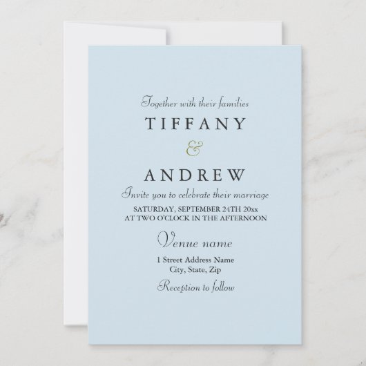 Baby Blue Simple Elegant Typography Wedding Invite Kaart (Voorkant)
