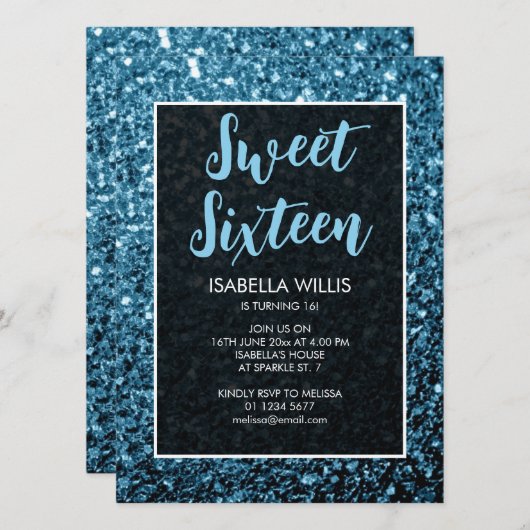 Baby blue sparkles Sweet 16 elegant script Kaart (Voorkant / Achterkant)