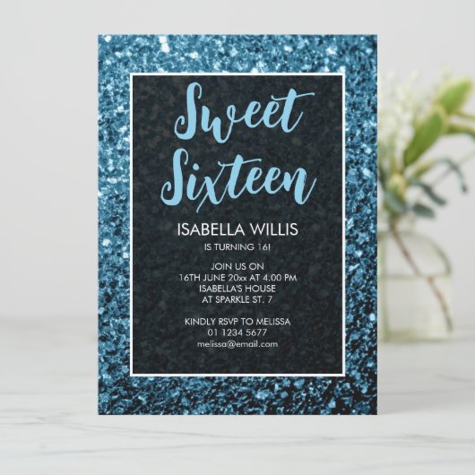 Baby blue sparkles Sweet 16 elegant script Kaart (Staand voorkant)