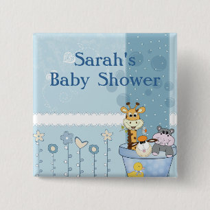 Baby Blue Stippen Animals Flowers Baby shower Vierkante Button 5,1 Cm