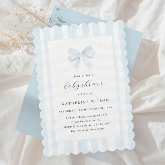 Baby Blue Stripes & Bow Baby shower Kaart
