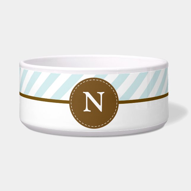 Baby Blue Stripes Custom Monogram Pet Bowl Voerbakje (Voorkant)