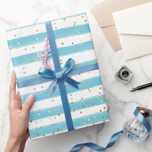 Baby Blue Stripes en Gold Glitter Boy Party Cadeaupapier (Geschenken)
