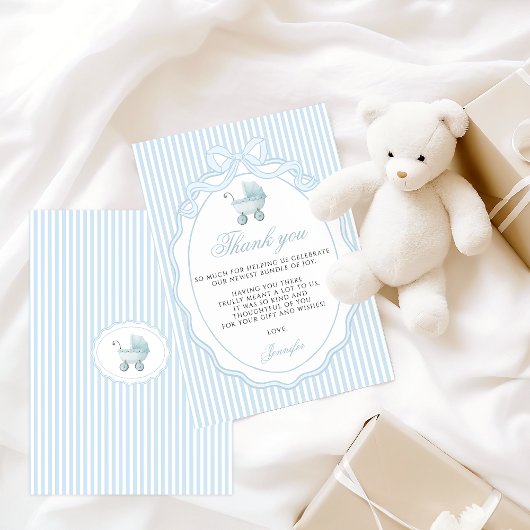 Baby Blue Stroller Bow Boy Shower Bedankkaart