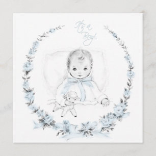 Baby Blue Vintage Baby Boy Verjaardagsuitnodiging Kaart