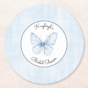 Baby Blue Vlinder Nep Linnen Bruiloftsdouche  Ronde Kartonnen Onderzetter