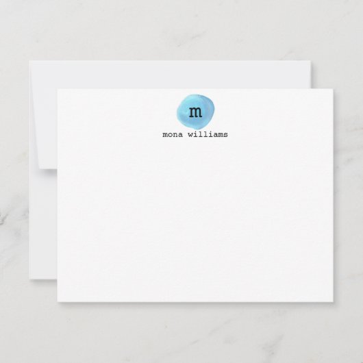 Baby Blue Waterverf Circle Modern Zwart Monogram Notitiekaartje (Voorkant)
