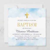 Baby Blue Waterverf Clouds Gold Cross Doop Kaart (Voorkant)