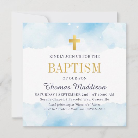 Baby Blue Waterverf Clouds Gold Cross Doop Kaart (Voorkant)