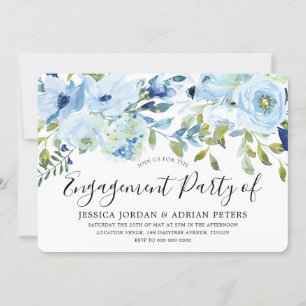 Baby Blue Waterverf Flowers Engagement Party Kaart