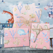Baby Blue Whale Octopus Seahorse under Zee Roze Inpakpapier Vel