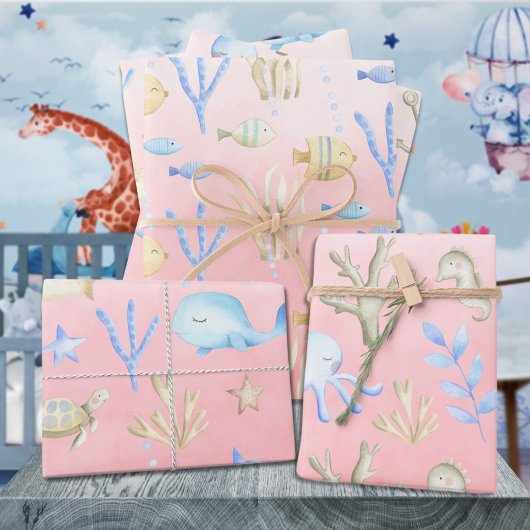 Baby Blue Whale Octopus Seahorse under Zee Roze Inpakpapier Vel