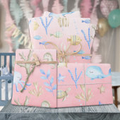 Baby Blue Whale Octopus Seahorse under Zee Roze Inpakpapier Vel