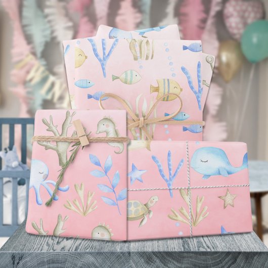 Baby Blue Whale Octopus Seahorse under Zee Roze Inpakpapier Vel