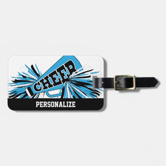 Baby Blue, White en Black Cheerleader Megaphone Bagagelabel (Voorkant horizontaal)