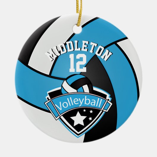 🏐 Baby Blue, White en Black Persoonlijke volleyba Keramisch Ornament (Voorkant)