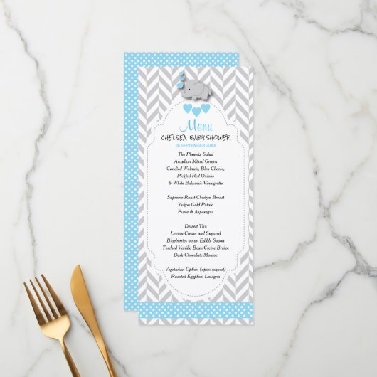 Baby Blue, White en Grey Elephant - Baby shower M Menu (Voorkant / Achterkant in situ)