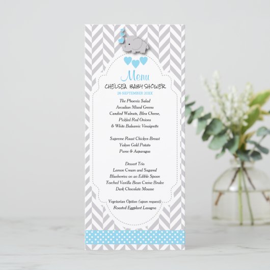 Baby Blue, White en Grey Elephant - Baby shower M Menu (Staand voorkant)
