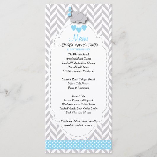 Baby Blue, White en Grey Elephant - Baby shower M Menu (Voorkant)