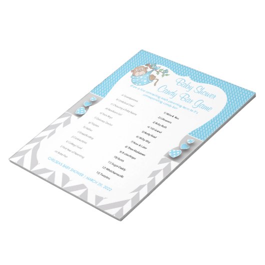 Baby Blue, White en Grey Monkey Baby shower - Game Notitieblok (Schuin)